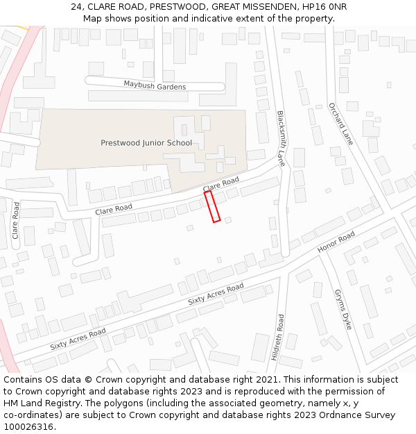 24, CLARE ROAD, PRESTWOOD, GREAT MISSENDEN, HP16 0NR: Location map and indicative extent of plot