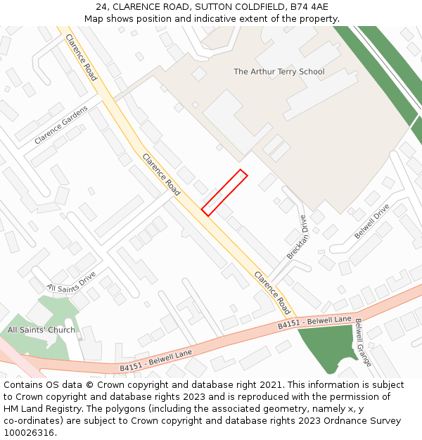 24, CLARENCE ROAD, SUTTON COLDFIELD, B74 4AE: Location map and indicative extent of plot