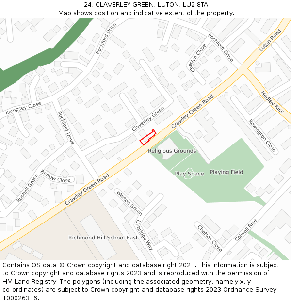 24, CLAVERLEY GREEN, LUTON, LU2 8TA: Location map and indicative extent of plot