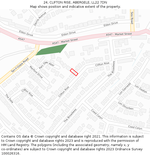 24, CLIFTON RISE, ABERGELE, LL22 7DN: Location map and indicative extent of plot