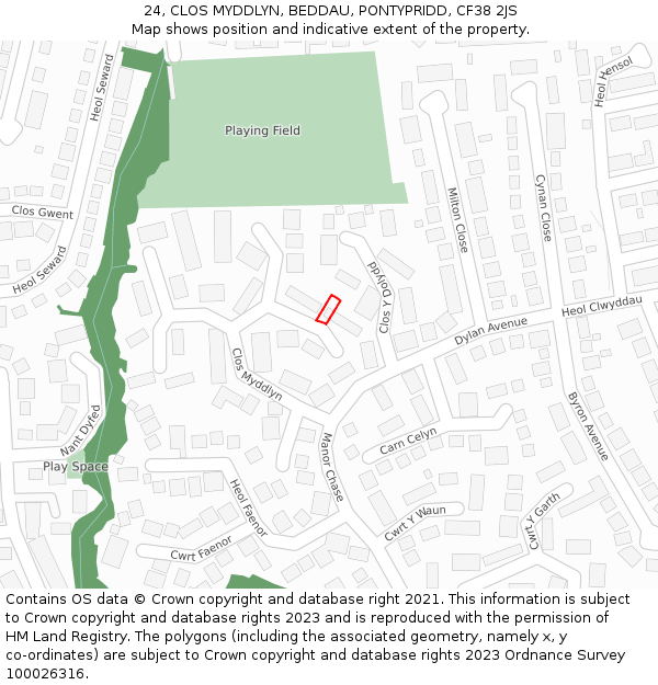 24, CLOS MYDDLYN, BEDDAU, PONTYPRIDD, CF38 2JS: Location map and indicative extent of plot