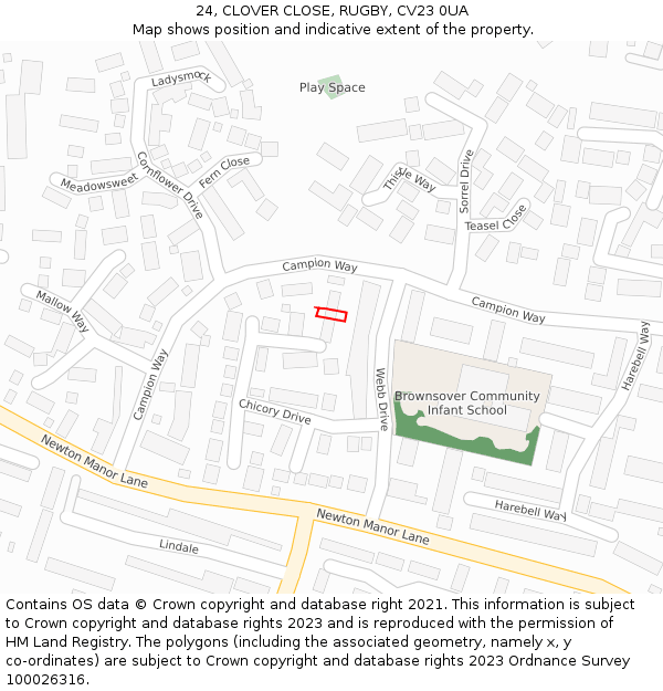 24, CLOVER CLOSE, RUGBY, CV23 0UA: Location map and indicative extent of plot