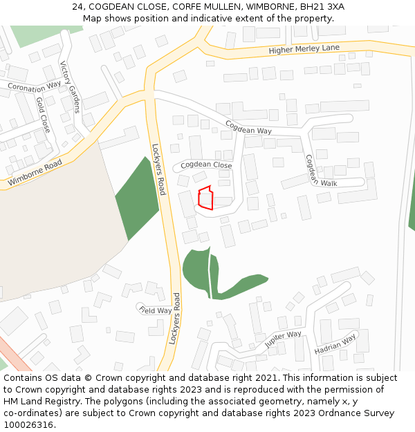 24, COGDEAN CLOSE, CORFE MULLEN, WIMBORNE, BH21 3XA: Location map and indicative extent of plot