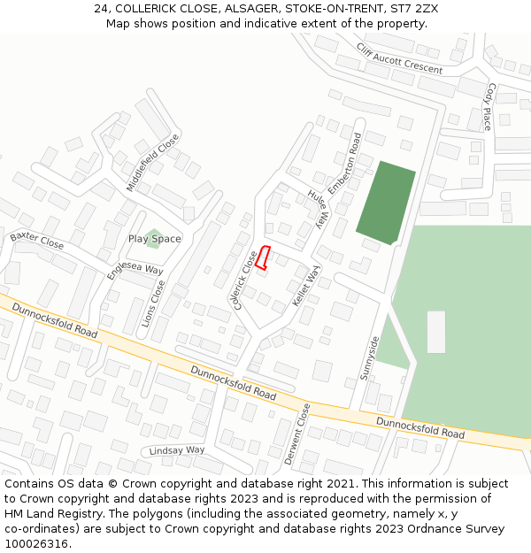 24, COLLERICK CLOSE, ALSAGER, STOKE-ON-TRENT, ST7 2ZX: Location map and indicative extent of plot