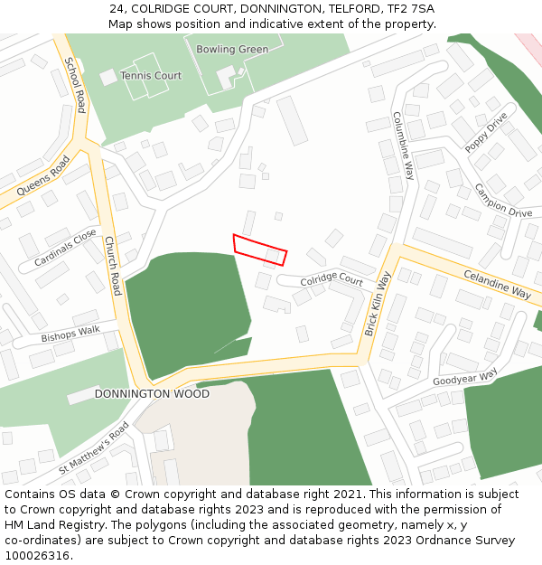 24, COLRIDGE COURT, DONNINGTON, TELFORD, TF2 7SA: Location map and indicative extent of plot