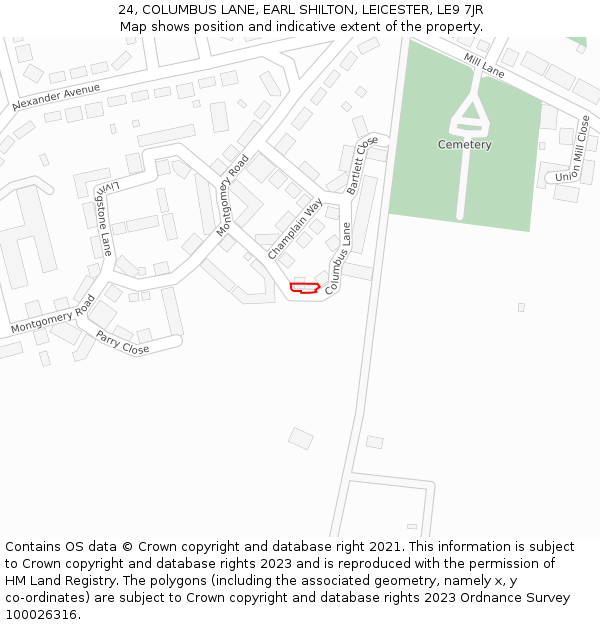 24, COLUMBUS LANE, EARL SHILTON, LEICESTER, LE9 7JR: Location map and indicative extent of plot