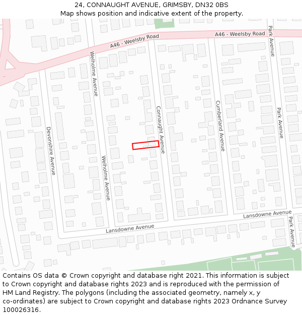 24, CONNAUGHT AVENUE, GRIMSBY, DN32 0BS: Location map and indicative extent of plot