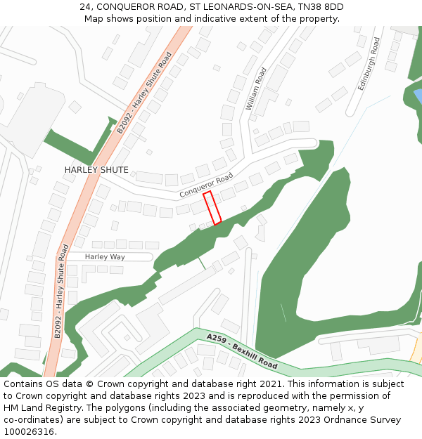 24, CONQUEROR ROAD, ST LEONARDS-ON-SEA, TN38 8DD: Location map and indicative extent of plot