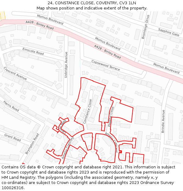 24, CONSTANCE CLOSE, COVENTRY, CV3 1LN: Location map and indicative extent of plot