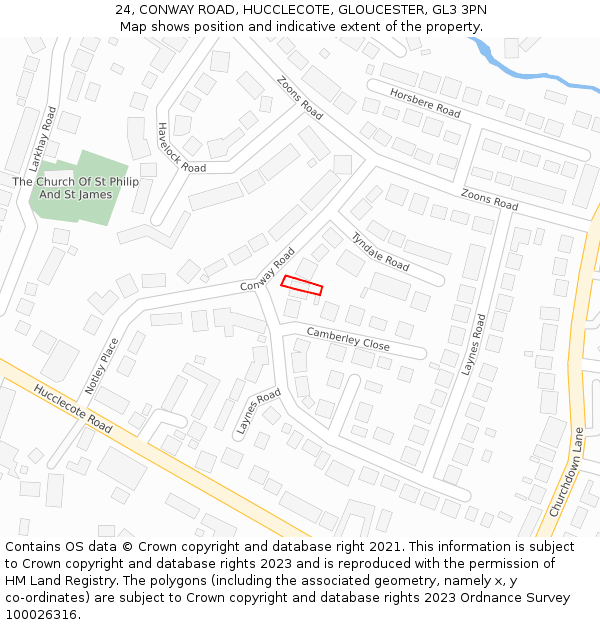 24, CONWAY ROAD, HUCCLECOTE, GLOUCESTER, GL3 3PN: Location map and indicative extent of plot