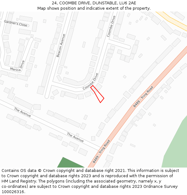 24, COOMBE DRIVE, DUNSTABLE, LU6 2AE: Location map and indicative extent of plot