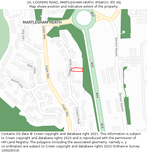 24, COOPERS ROAD, MARTLESHAM HEATH, IPSWICH, IP5 3SJ: Location map and indicative extent of plot