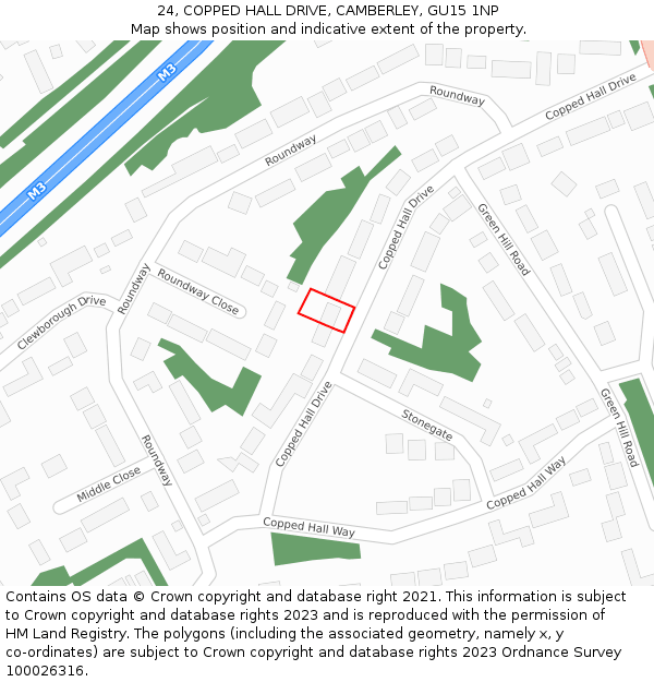 24, COPPED HALL DRIVE, CAMBERLEY, GU15 1NP: Location map and indicative extent of plot