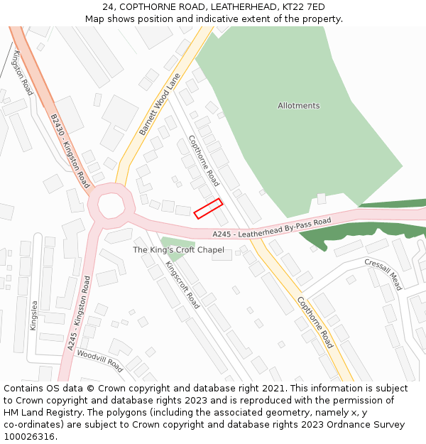 24, COPTHORNE ROAD, LEATHERHEAD, KT22 7ED: Location map and indicative extent of plot