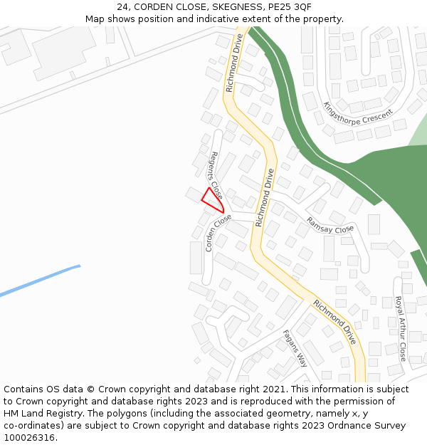 24, CORDEN CLOSE, SKEGNESS, PE25 3QF: Location map and indicative extent of plot