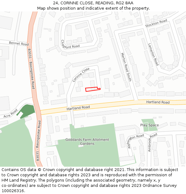 24, CORINNE CLOSE, READING, RG2 8AA: Location map and indicative extent of plot