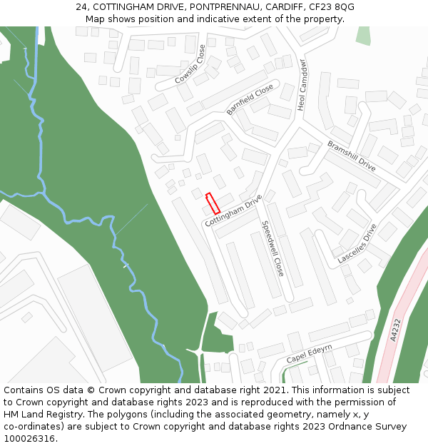 24, COTTINGHAM DRIVE, PONTPRENNAU, CARDIFF, CF23 8QG: Location map and indicative extent of plot