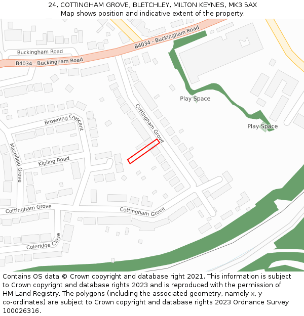 24, COTTINGHAM GROVE, BLETCHLEY, MILTON KEYNES, MK3 5AX: Location map and indicative extent of plot