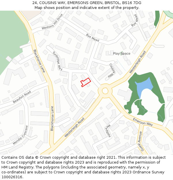 24, COUSINS WAY, EMERSONS GREEN, BRISTOL, BS16 7DG: Location map and indicative extent of plot