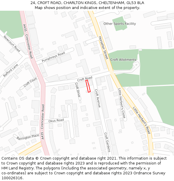 24, CROFT ROAD, CHARLTON KINGS, CHELTENHAM, GL53 8LA: Location map and indicative extent of plot