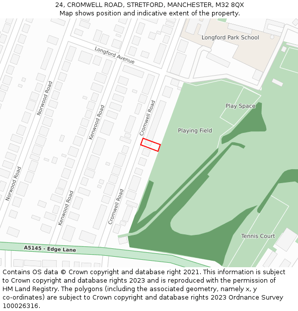 24, CROMWELL ROAD, STRETFORD, MANCHESTER, M32 8QX: Location map and indicative extent of plot