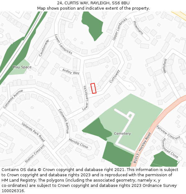 24, CURTIS WAY, RAYLEIGH, SS6 8BU: Location map and indicative extent of plot