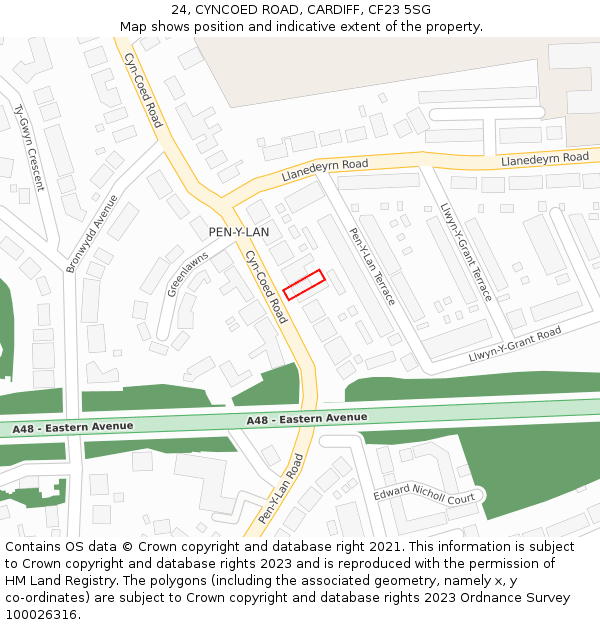 24, CYNCOED ROAD, CARDIFF, CF23 5SG: Location map and indicative extent of plot