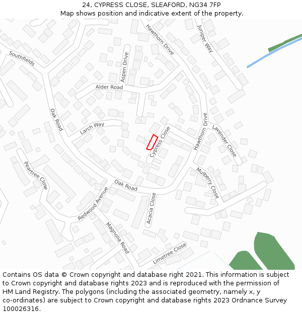 24, CYPRESS CLOSE, SLEAFORD, NG34 7FP: Location map and indicative extent of plot