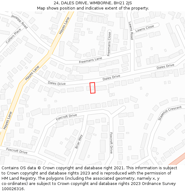 24, DALES DRIVE, WIMBORNE, BH21 2JS: Location map and indicative extent of plot