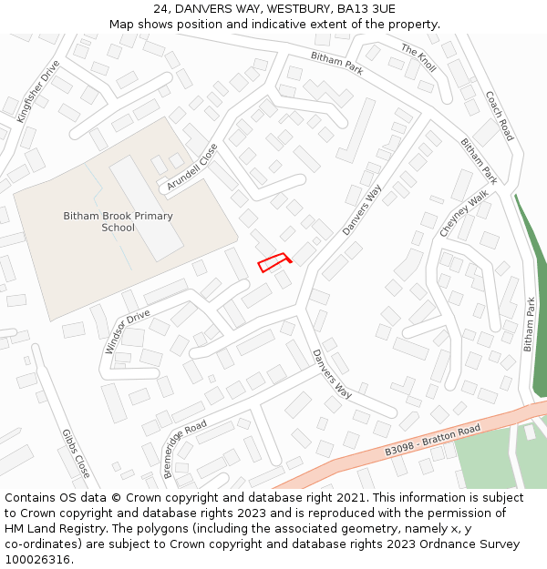 24, DANVERS WAY, WESTBURY, BA13 3UE: Location map and indicative extent of plot