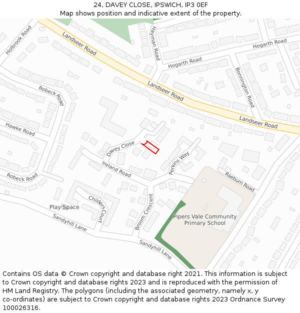24, DAVEY CLOSE, IPSWICH, IP3 0EF: Location map and indicative extent of plot