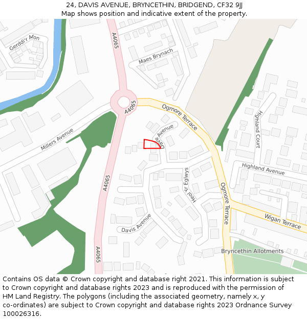 24, DAVIS AVENUE, BRYNCETHIN, BRIDGEND, CF32 9JJ: Location map and indicative extent of plot