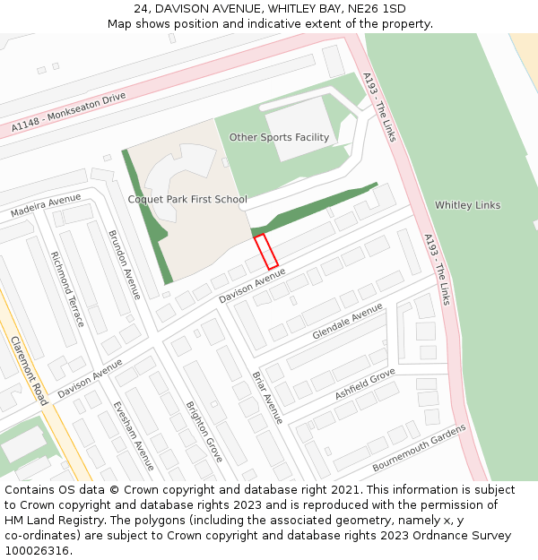 24, DAVISON AVENUE, WHITLEY BAY, NE26 1SD: Location map and indicative extent of plot