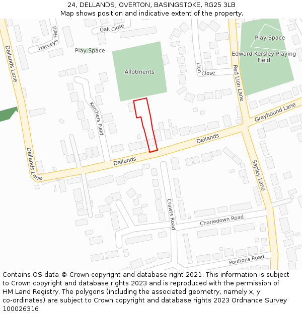 24, DELLANDS, OVERTON, BASINGSTOKE, RG25 3LB: Location map and indicative extent of plot