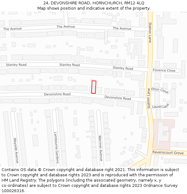 24, DEVONSHIRE ROAD, HORNCHURCH, RM12 4LQ: Location map and indicative extent of plot