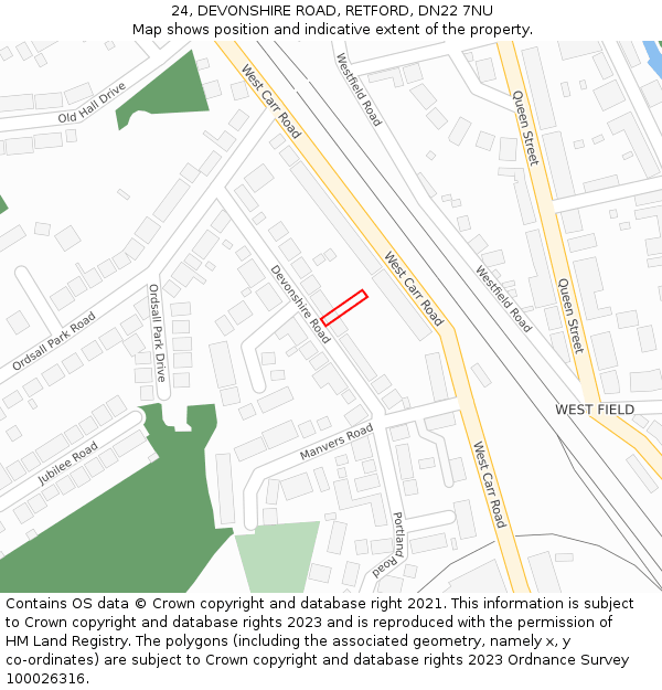 24, DEVONSHIRE ROAD, RETFORD, DN22 7NU: Location map and indicative extent of plot