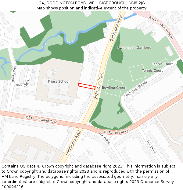 24, DODDINGTON ROAD, WELLINGBOROUGH, NN8 2JG: Location map and indicative extent of plot