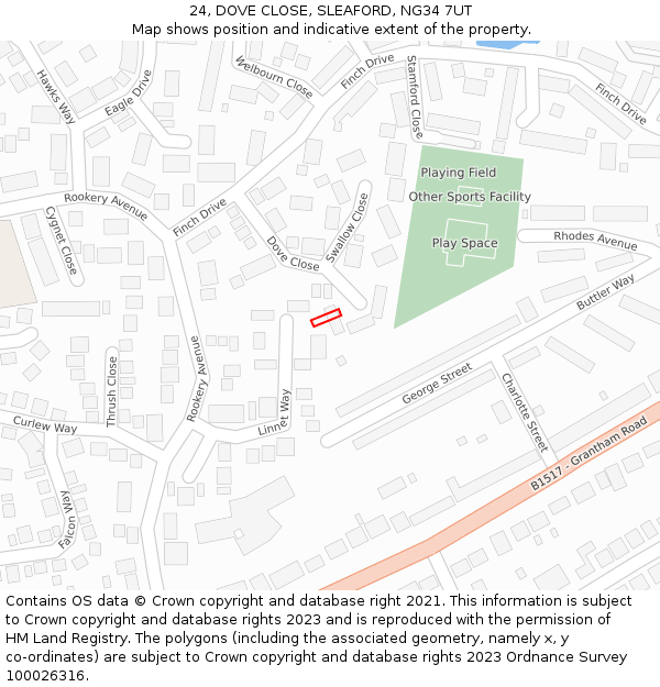 24, DOVE CLOSE, SLEAFORD, NG34 7UT: Location map and indicative extent of plot