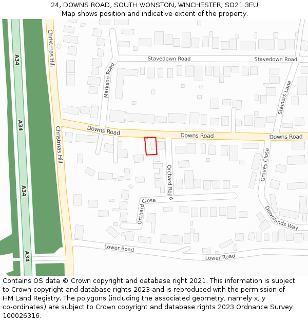 24, DOWNS ROAD, SOUTH WONSTON, WINCHESTER, SO21 3EU: Location map and indicative extent of plot