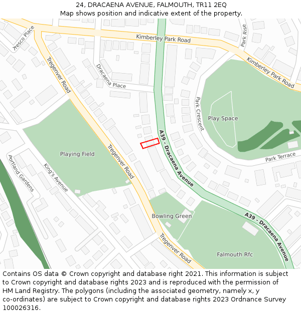 24, DRACAENA AVENUE, FALMOUTH, TR11 2EQ: Location map and indicative extent of plot