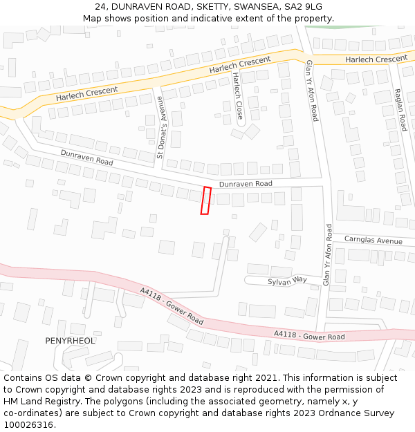 24, DUNRAVEN ROAD, SKETTY, SWANSEA, SA2 9LG: Location map and indicative extent of plot