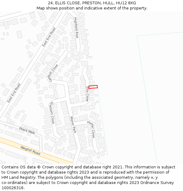 24, ELLIS CLOSE, PRESTON, HULL, HU12 8XG: Location map and indicative extent of plot