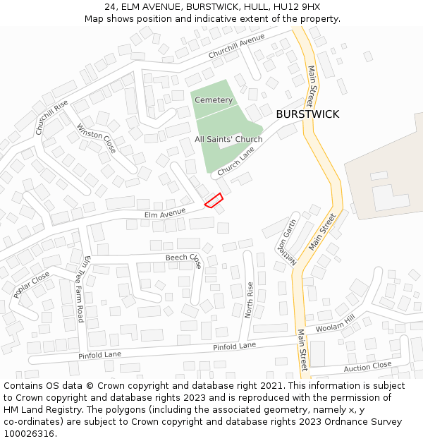 24, ELM AVENUE, BURSTWICK, HULL, HU12 9HX: Location map and indicative extent of plot