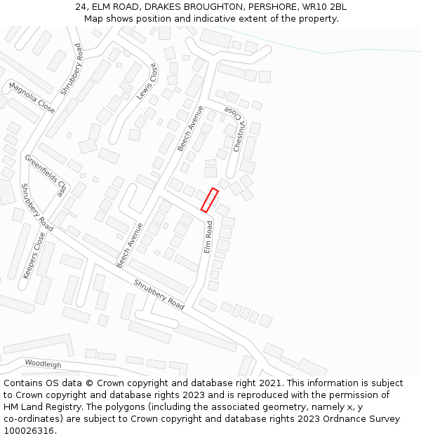 24, ELM ROAD, DRAKES BROUGHTON, PERSHORE, WR10 2BL: Location map and indicative extent of plot