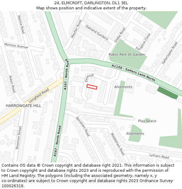 24, ELMCROFT, DARLINGTON, DL1 3EL: Location map and indicative extent of plot