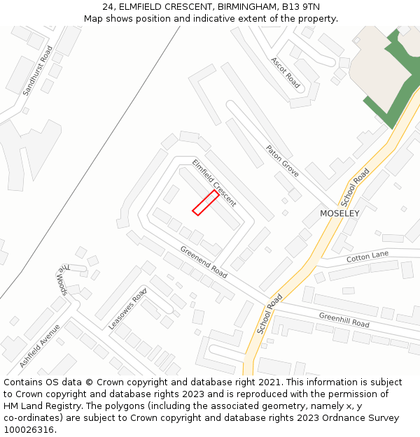 24, ELMFIELD CRESCENT, BIRMINGHAM, B13 9TN: Location map and indicative extent of plot