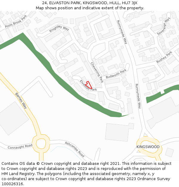 24, ELVASTON PARK, KINGSWOOD, HULL, HU7 3JX: Location map and indicative extent of plot