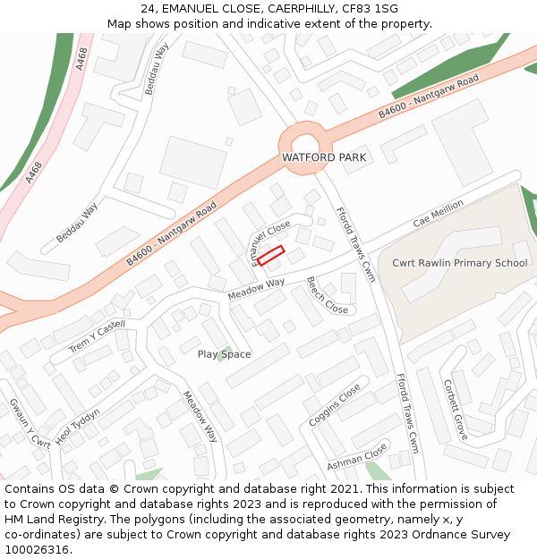 24, EMANUEL CLOSE, CAERPHILLY, CF83 1SG: Location map and indicative extent of plot