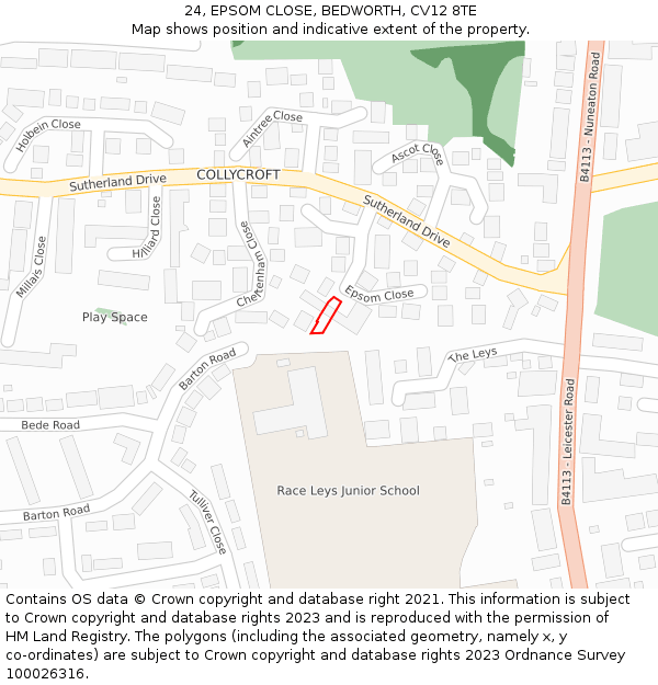 24, EPSOM CLOSE, BEDWORTH, CV12 8TE: Location map and indicative extent of plot