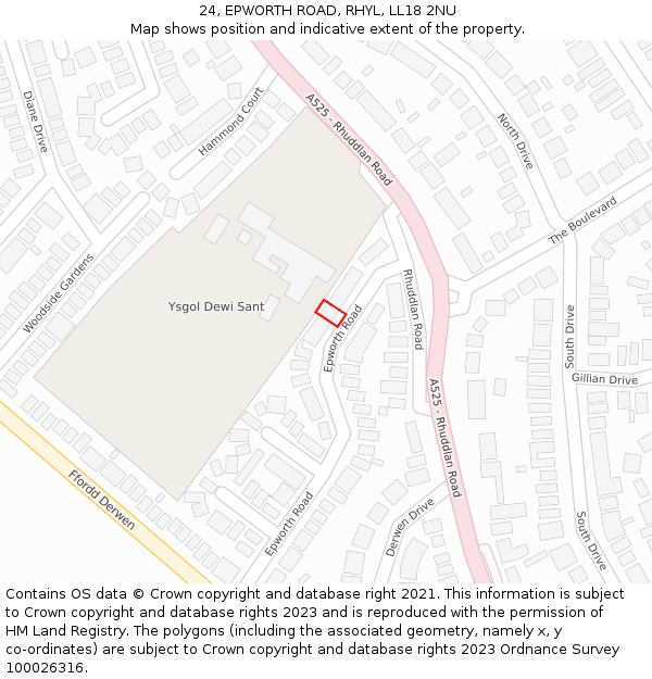 24, EPWORTH ROAD, RHYL, LL18 2NU: Location map and indicative extent of plot